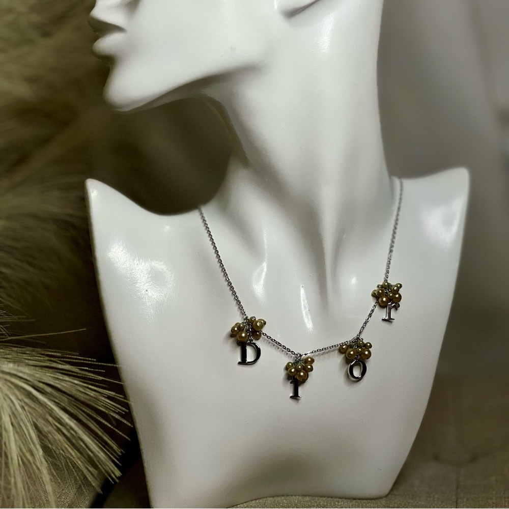 Christian Dior Logo Necklace with Pearl Clusters
